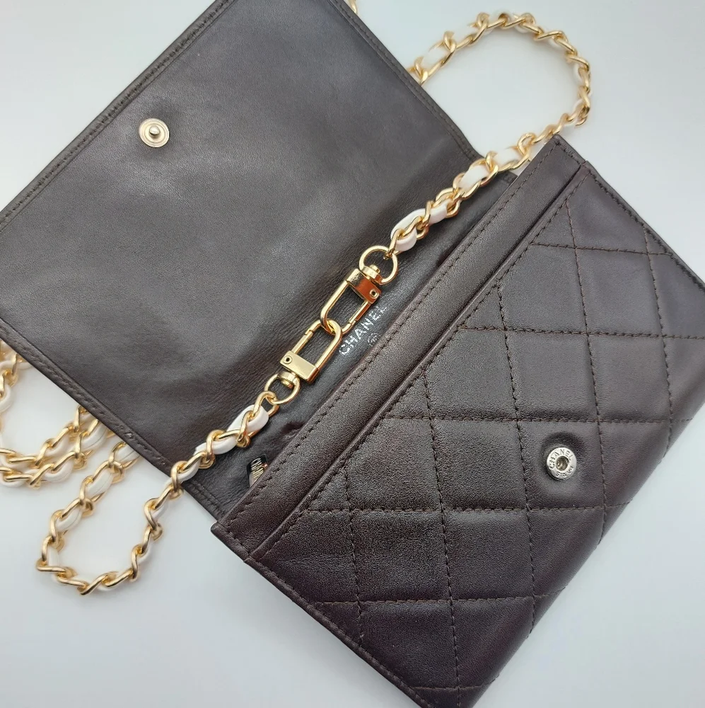 CHANEL Black & Tan Quilted Wallet-on-Chain with Gold Chain